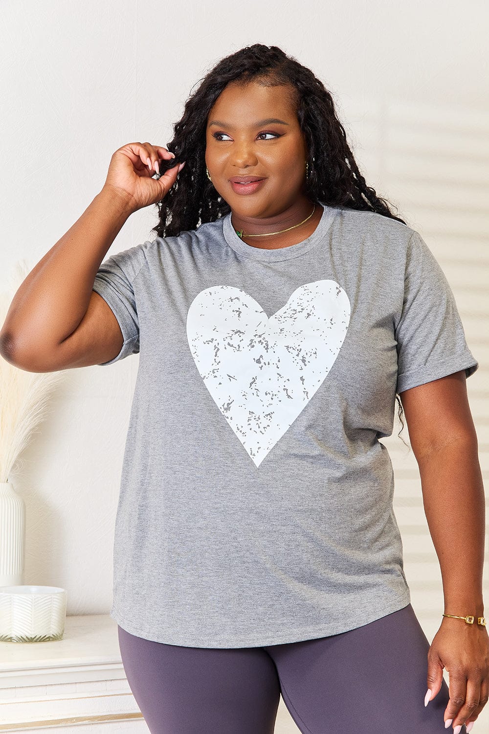 Simply Love T-shirts Gray / S Simply Love Heart Graphic Cuffed Short Sleeve T-Shirt