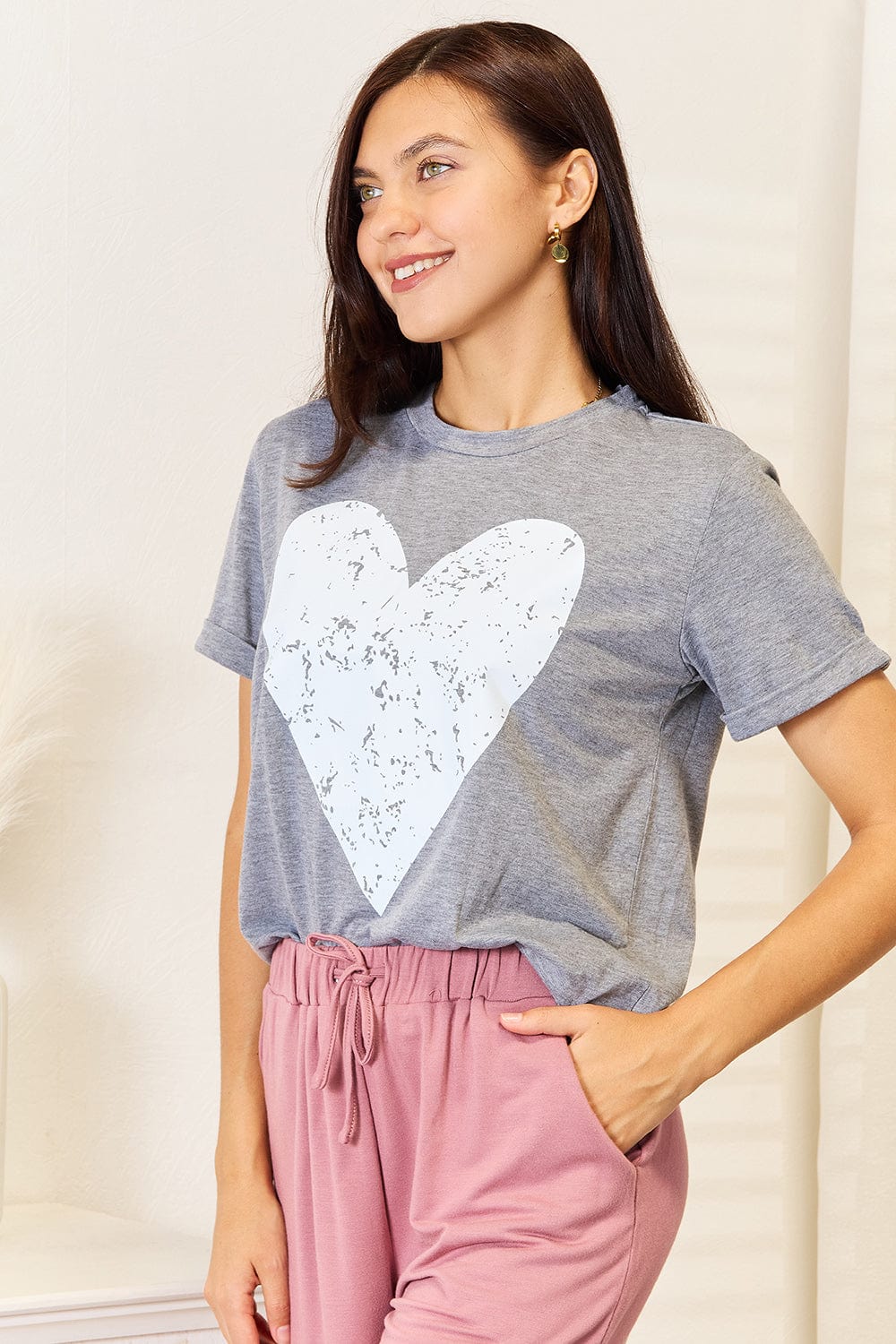 Simply Love T-shirts Simply Love Heart Graphic Cuffed Short Sleeve T-Shirt