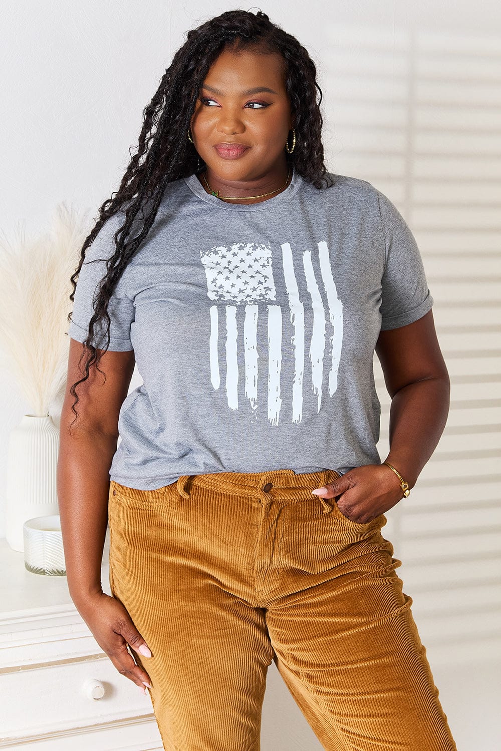 Simply Love T-shirts Simply Love US Flag Graphic Cuffed Sleeve T-Shirt