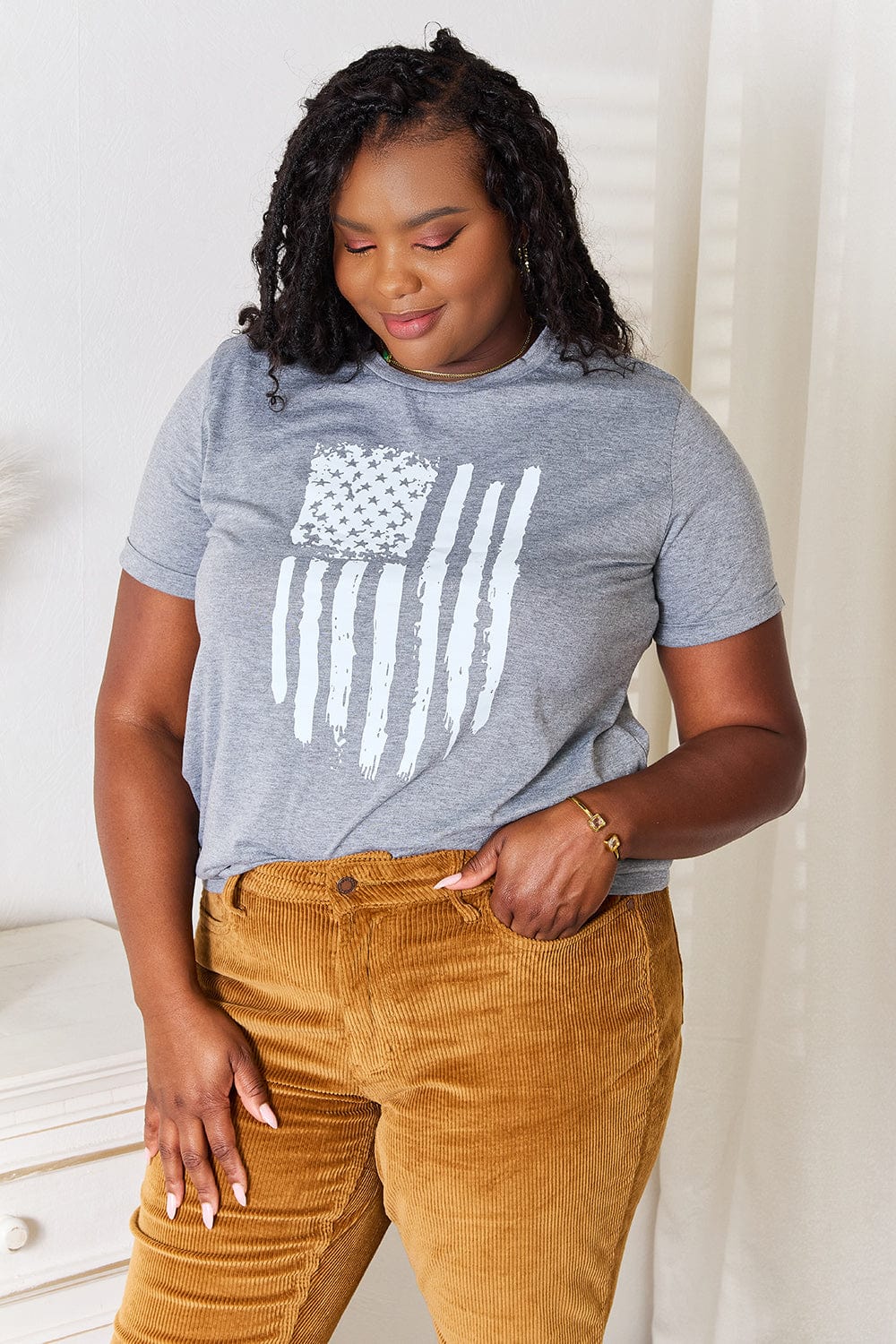Simply Love T-shirts Simply Love US Flag Graphic Cuffed Sleeve T-Shirt