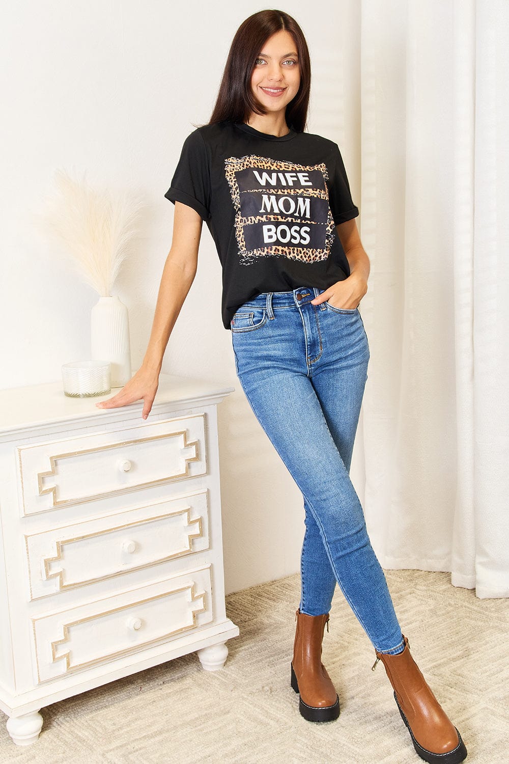 Simply Love T-shirts Simply Love WIFE MOM BOSS Leopard Graphic T-Shirt