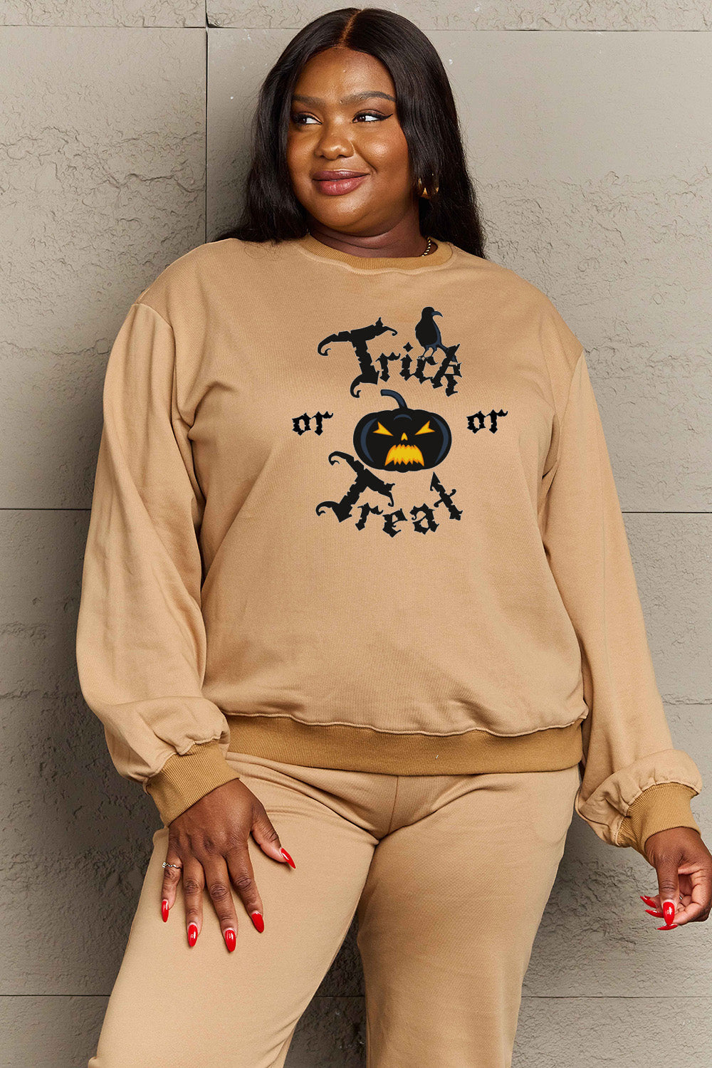 Simply Love Tan / S Simply Love Full Size TRICK OR TREAT Graphic Sweatshirt