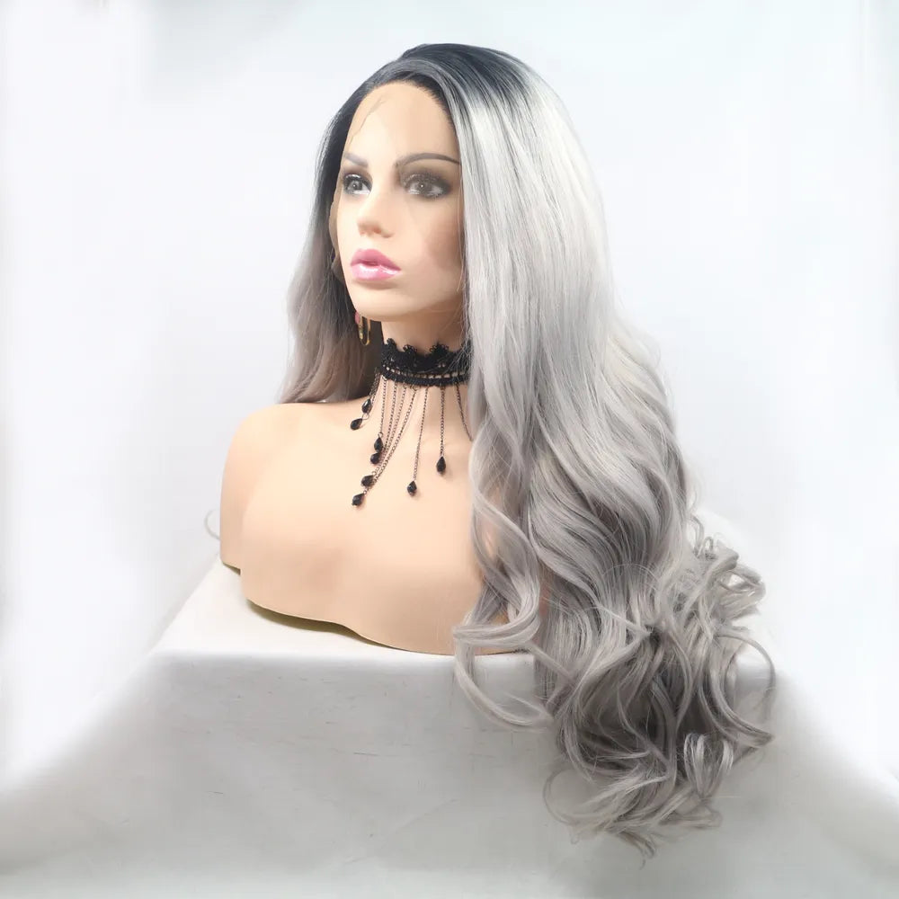 SO ME Black/Grey / One Size 13*3" Lace Front Wigs Synthetic Long Wavy 24" 130% Density