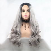 SO ME Black/Grey / One Size 13*3" Lace Front Wigs Synthetic Long Wavy 24" 130% Density