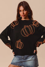 SO ME BLACK/ORANGE / S SO ME Pumpkin Embroidered Halloween Thanksgiving Sweater