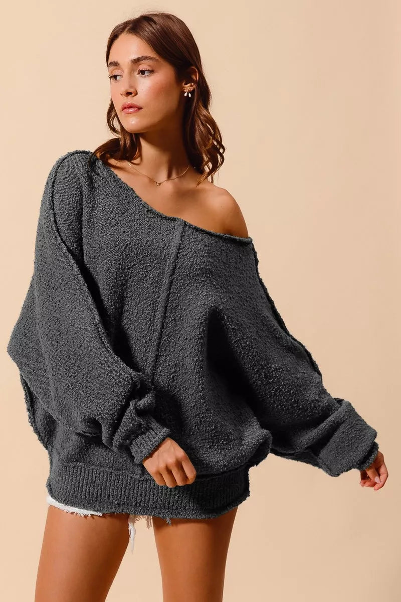 SO ME CHARCOAL / S SO ME Loose Fit Exposed Seam Slouchy Boucle Sweater