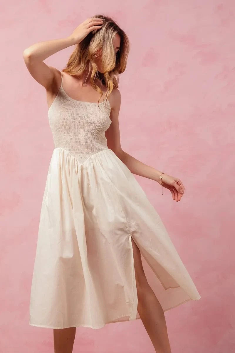 SO ME dresses CREAM / S SO ME Smocked Sleeveless Casual Everyday Dress With Slit