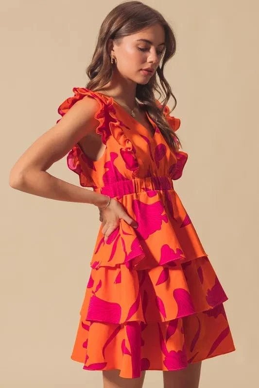 SO ME dresses ORANGE/FUCHSIA / S SO ME Floral V Neck Layered Dress with Elasticized Waist