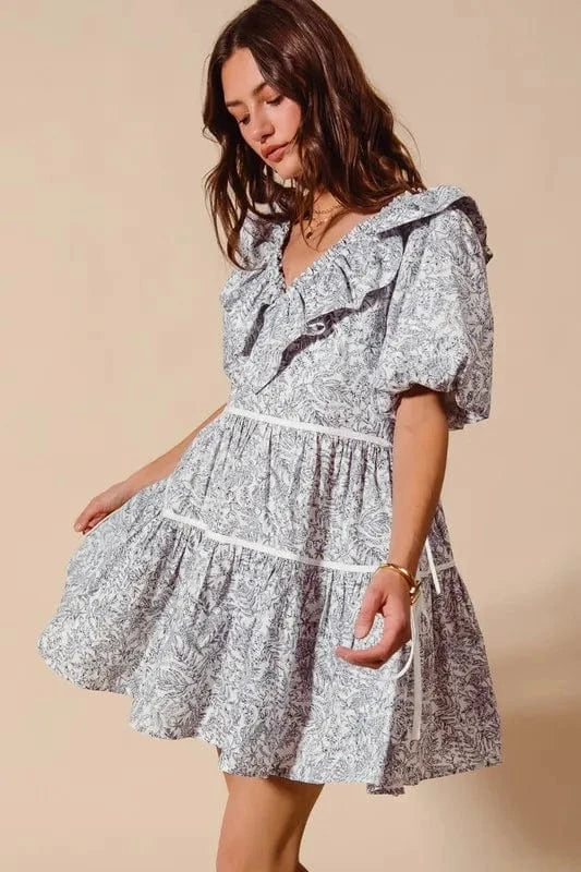 SO ME dresses SO ME Cotton Printed Ruffle V Neckline Dress with Side Tie