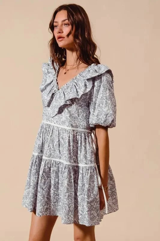 SO ME dresses SO ME Cotton Printed Ruffle V Neckline Dress with Side Tie