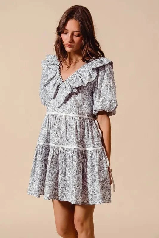 SO ME dresses SO ME Cotton Printed Ruffle V Neckline Dress with Side Tie