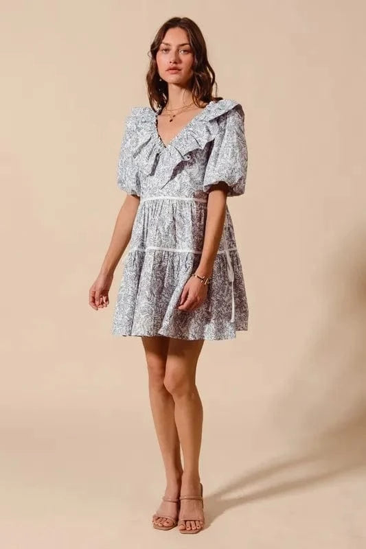 SO ME dresses SO ME Cotton Printed Ruffle V Neckline Dress with Side Tie