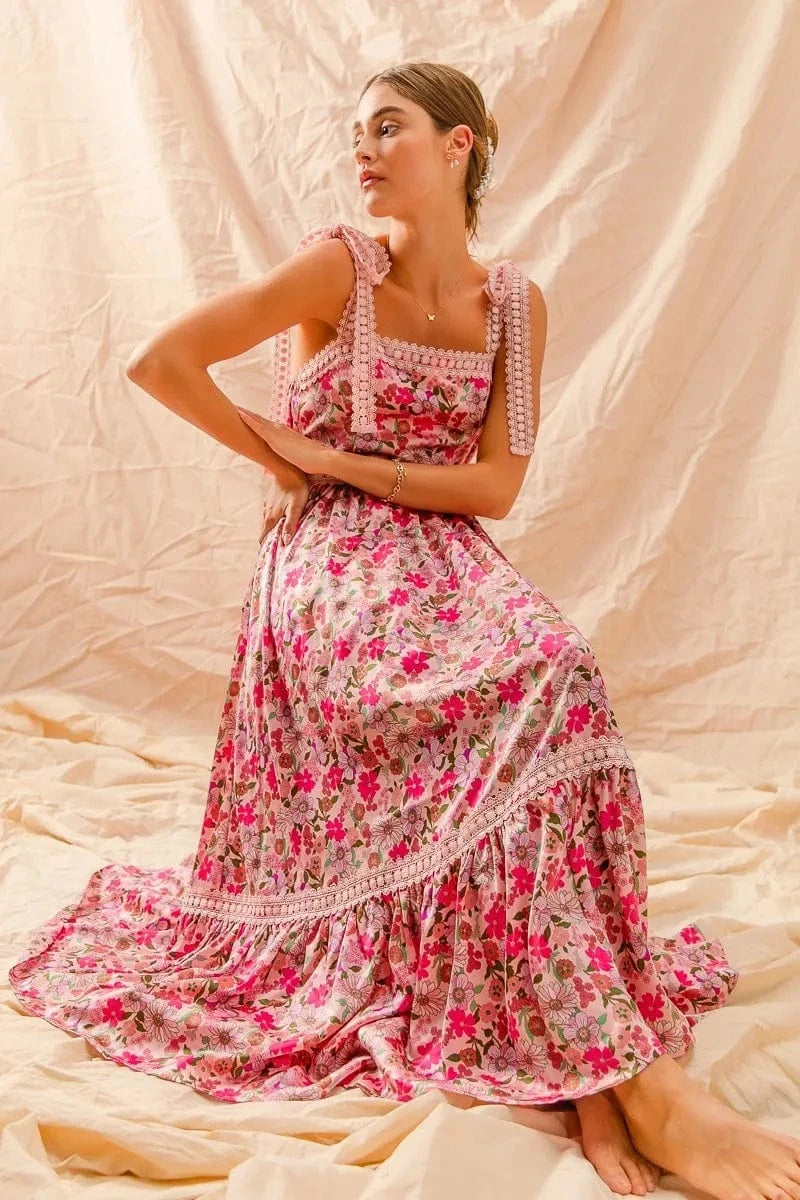 SO ME dresses SO ME Floral Maxi Dress With Ribbon Tie Lace Strap