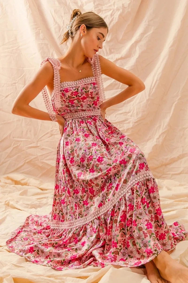 SO ME dresses SO ME Floral Maxi Dress With Ribbon Tie Lace Strap
