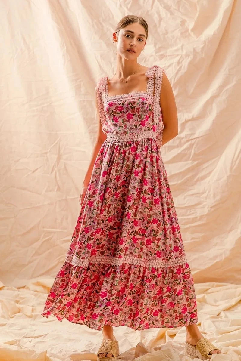 SO ME dresses SO ME Floral Maxi Dress With Ribbon Tie Lace Strap