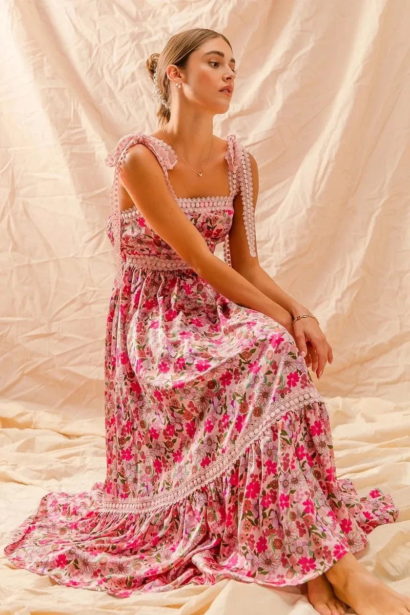 SO ME dresses SO ME Floral Maxi Dress With Ribbon Tie Lace Strap