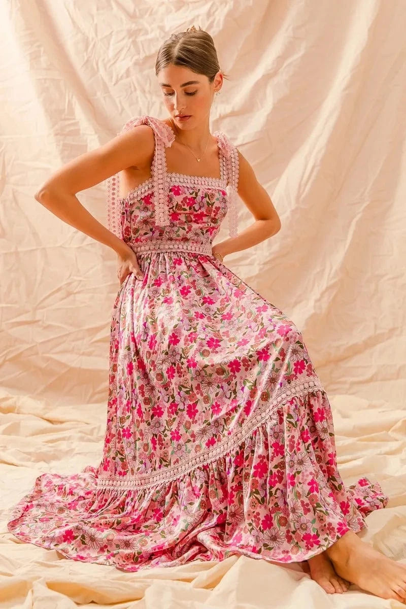 SO ME dresses SO ME Floral Maxi Dress With Ribbon Tie Lace Strap