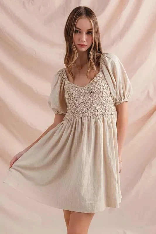 SO ME dresses SO ME Textured Woven Daily Dress with Puff Sleeves