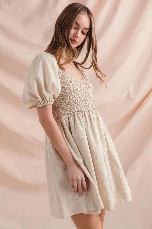 SO ME dresses SO ME Textured Woven Daily Dress with Puff Sleeves