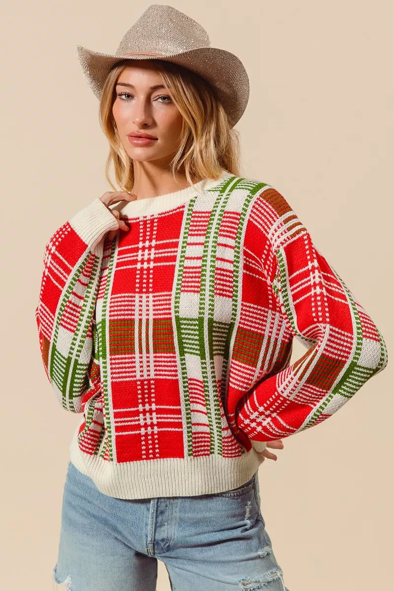 SO ME IVORY COMBO / S SO ME Christmas Color Checkered Plaid Crew Neck Sweater