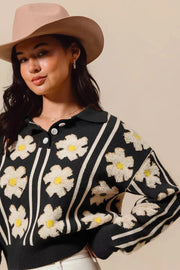 SO ME Knit Tops BLACK/IVORY / S SO ME Floral Stripe Polo Collar Sweater