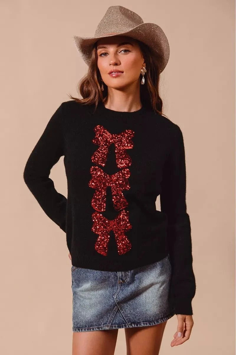 SO ME Knit Tops BLACK/RED / S SO ME Sequins Bow Ribbon Embellished Christmas Sweater