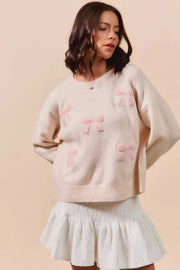 SO ME Knit Tops BLUSH / S SO ME Embroidered Ribbon Round Neck Sweater