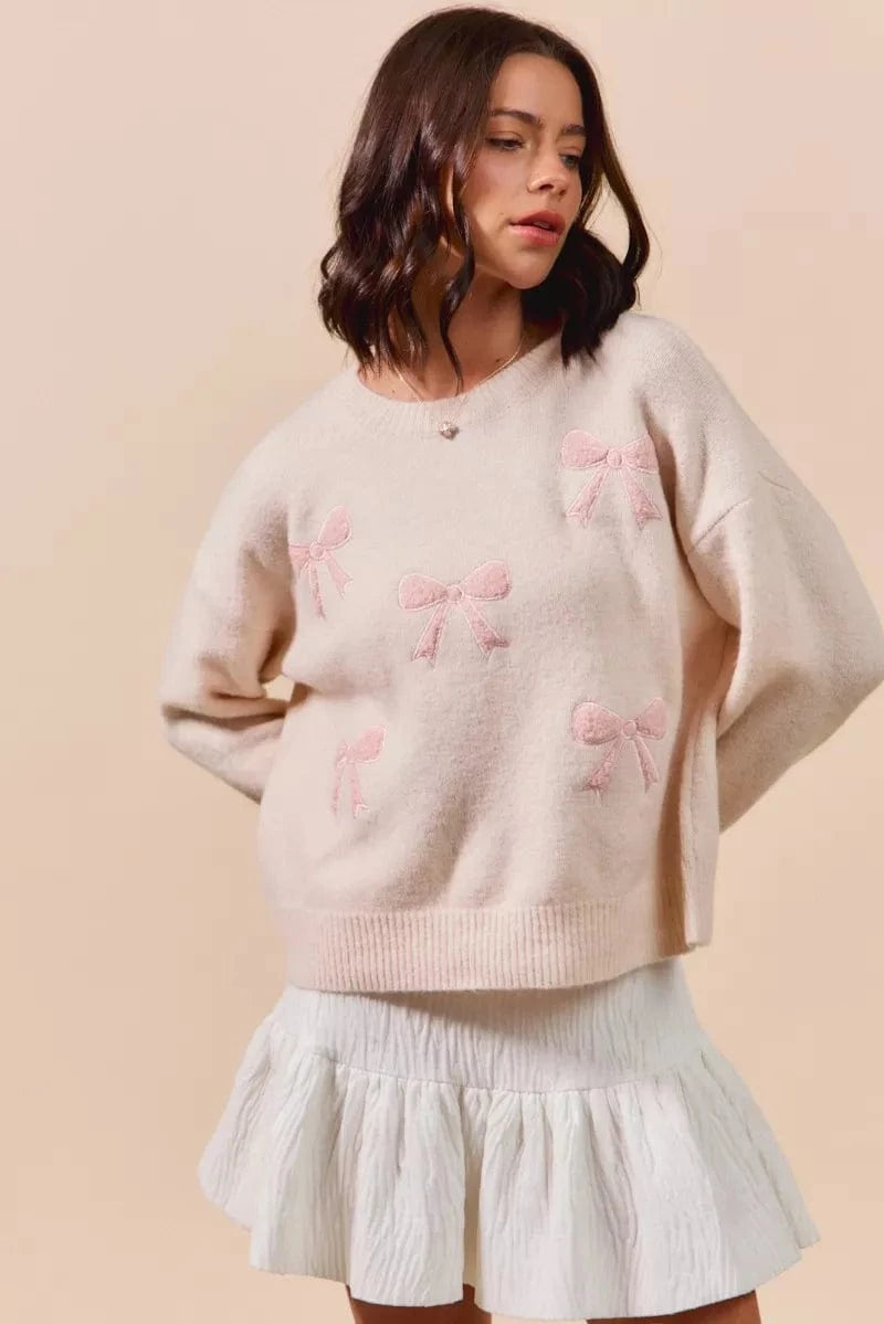 SO ME Knit Tops BLUSH / S SO ME Embroidered Ribbon Round Neck Sweater