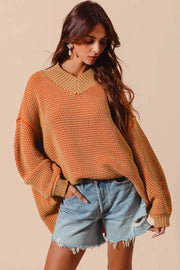 SO ME Knit Tops CAMEL/ORANGE / S SO ME Oversized Two Tone Textured V Neck Sweater
