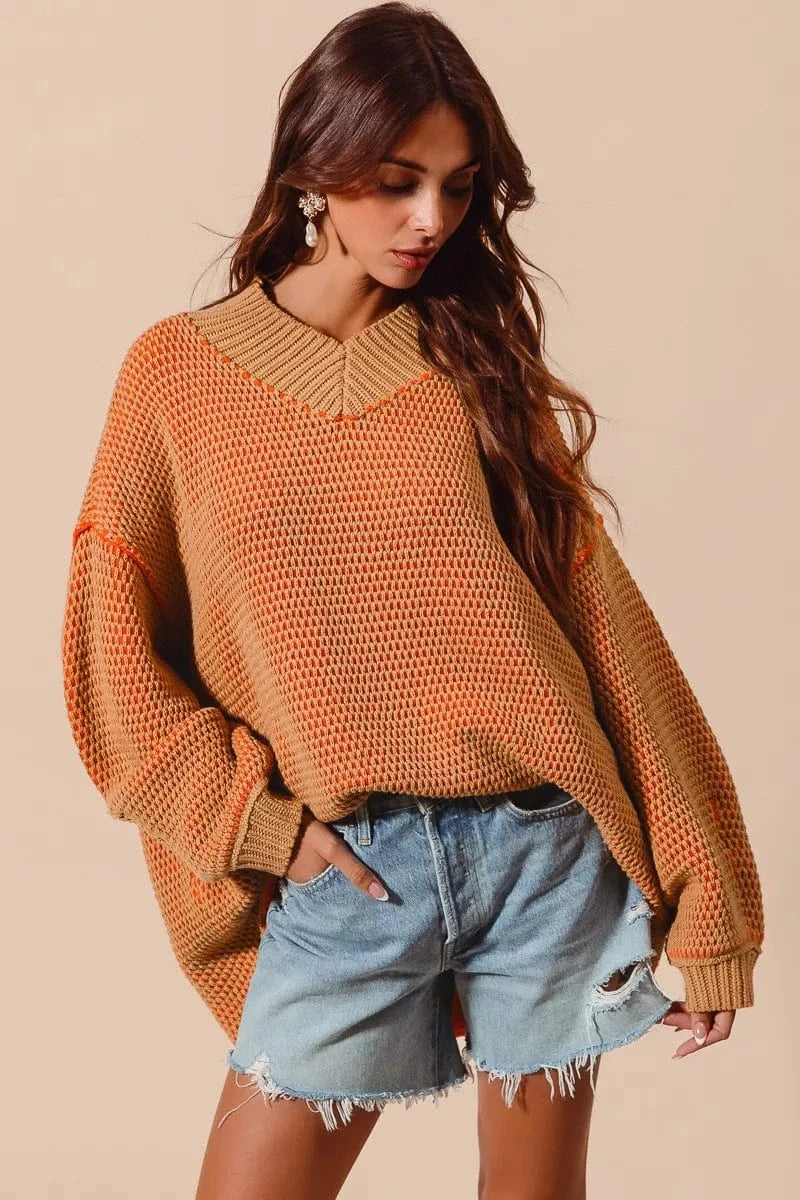 SO ME Knit Tops CAMEL/ORANGE / S SO ME Oversized Two Tone Textured V Neck Sweater