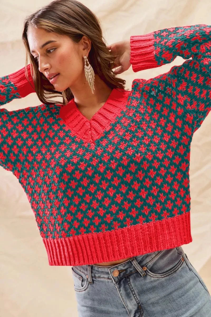 SO ME Knit Tops HUNTER/RED / S SO ME Color Block Textured Christmas Sweater V Neck Top