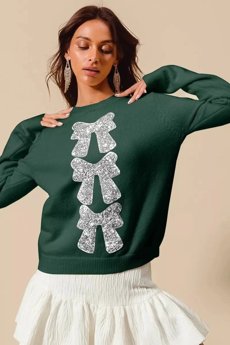 SO ME Knit Tops HUNTER/SILVER / S SO ME Sequins Bow Ribbon Embellished Christmas Sweater