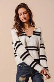 SO ME Knit Tops IVORY/BLACK / S SO ME Fuzzy Hairy Stripe Deep U Neck Sweater