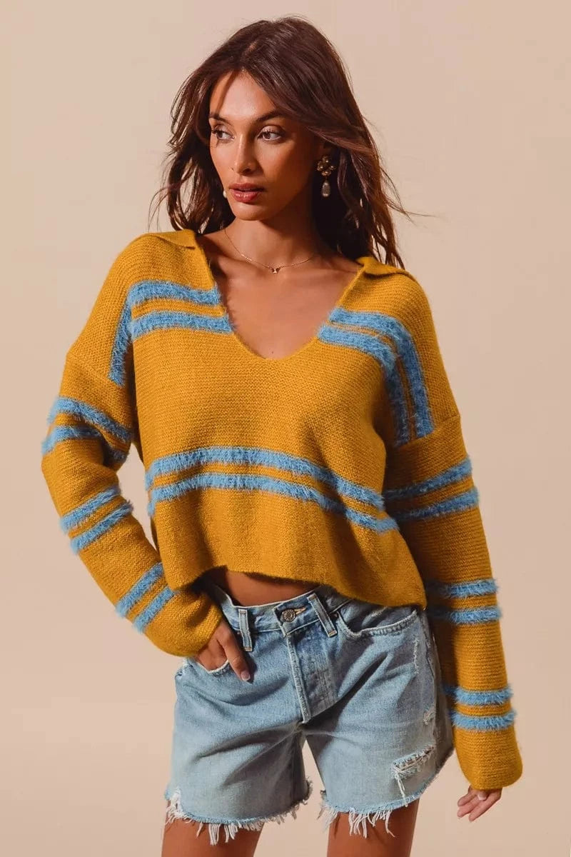 SO ME Knit Tops MUSTARD/DT BLUE / S SO ME Fuzzy Hairy Stripe Deep U Neck Swetaer