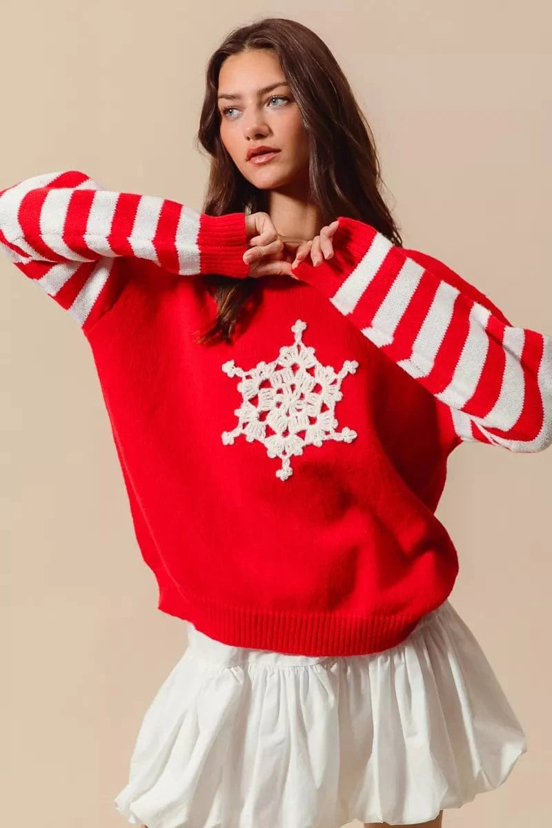 SO ME Knit Tops RED/IVORY / S SO ME Christmas Snowflake Crochet Embellished Sweater