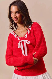 SO ME Knit Tops RED / S SO ME Satin Tape Braided Ribbon Tie V Neck Sweater