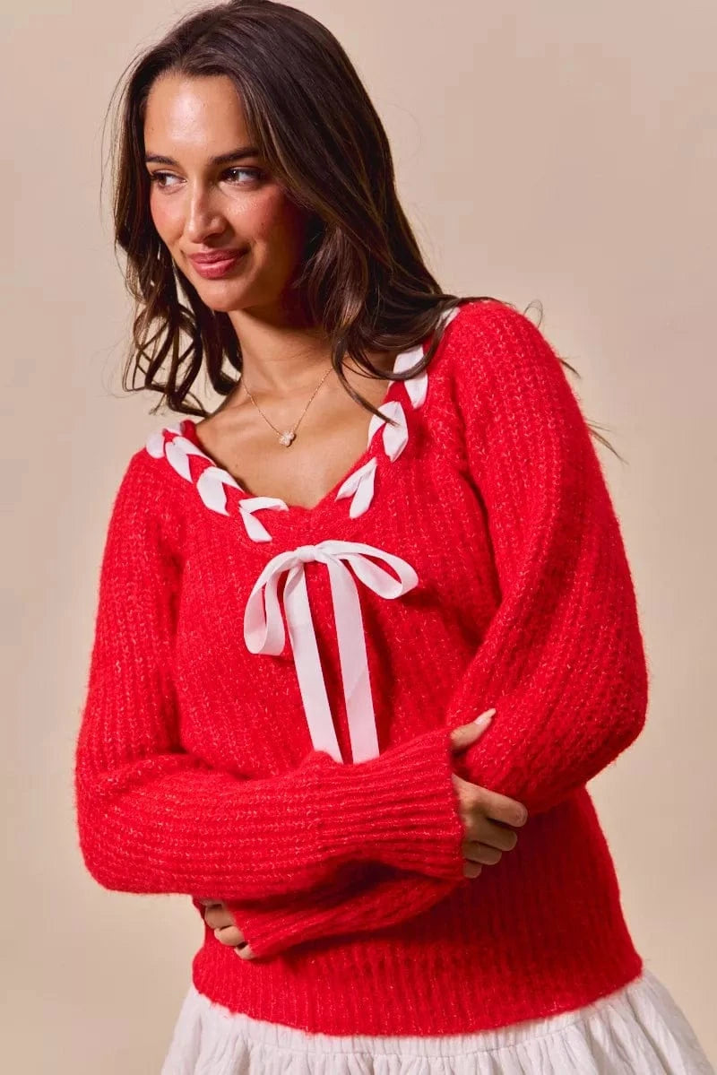 SO ME Knit Tops RED / S SO ME Satin Tape Braided Ribbon Tie V Neck Sweater
