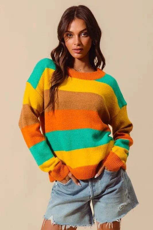 SO ME Knit Tops RUS/JAD/MUST/COFF / S SO ME Multi Color Stripe Sweater with Ribbed Detail