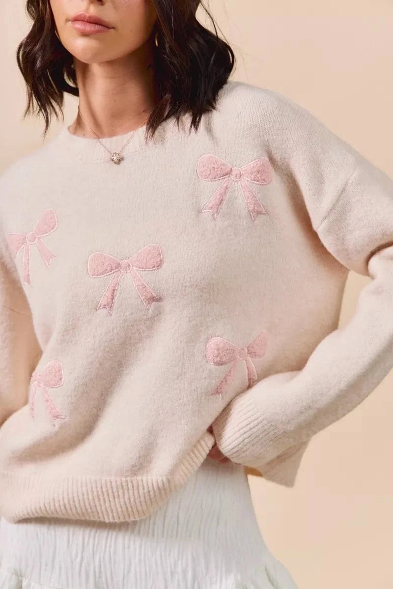 SO ME Knit Tops SO ME Embroidered Ribbon Round Neck Sweater