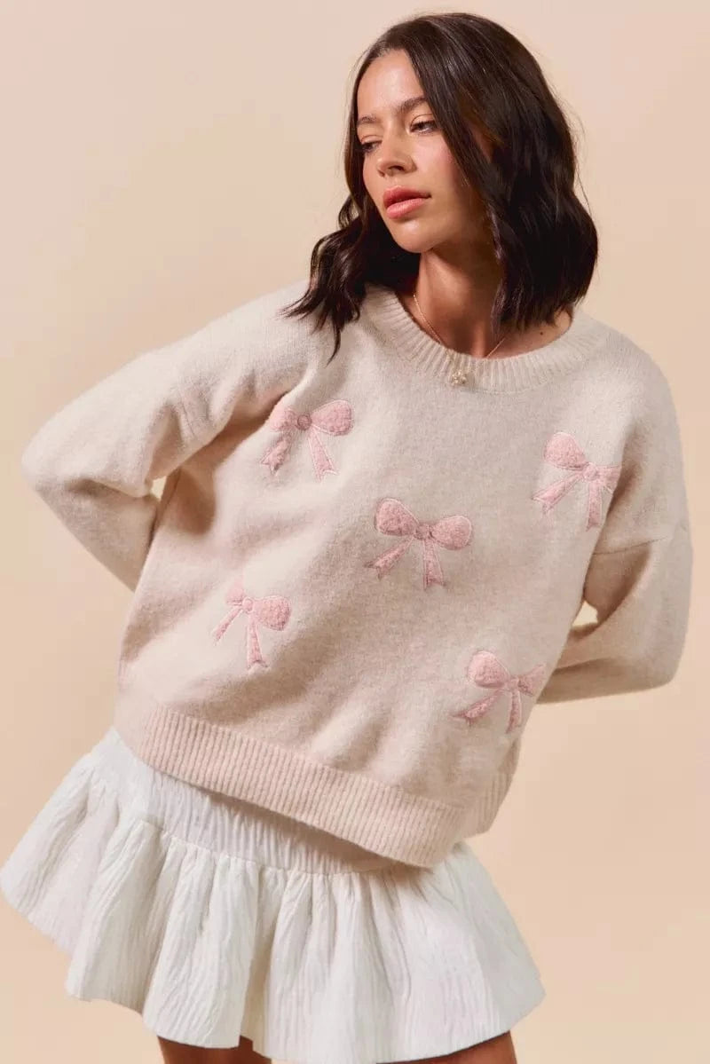 SO ME Knit Tops SO ME Embroidered Ribbon Round Neck Sweater