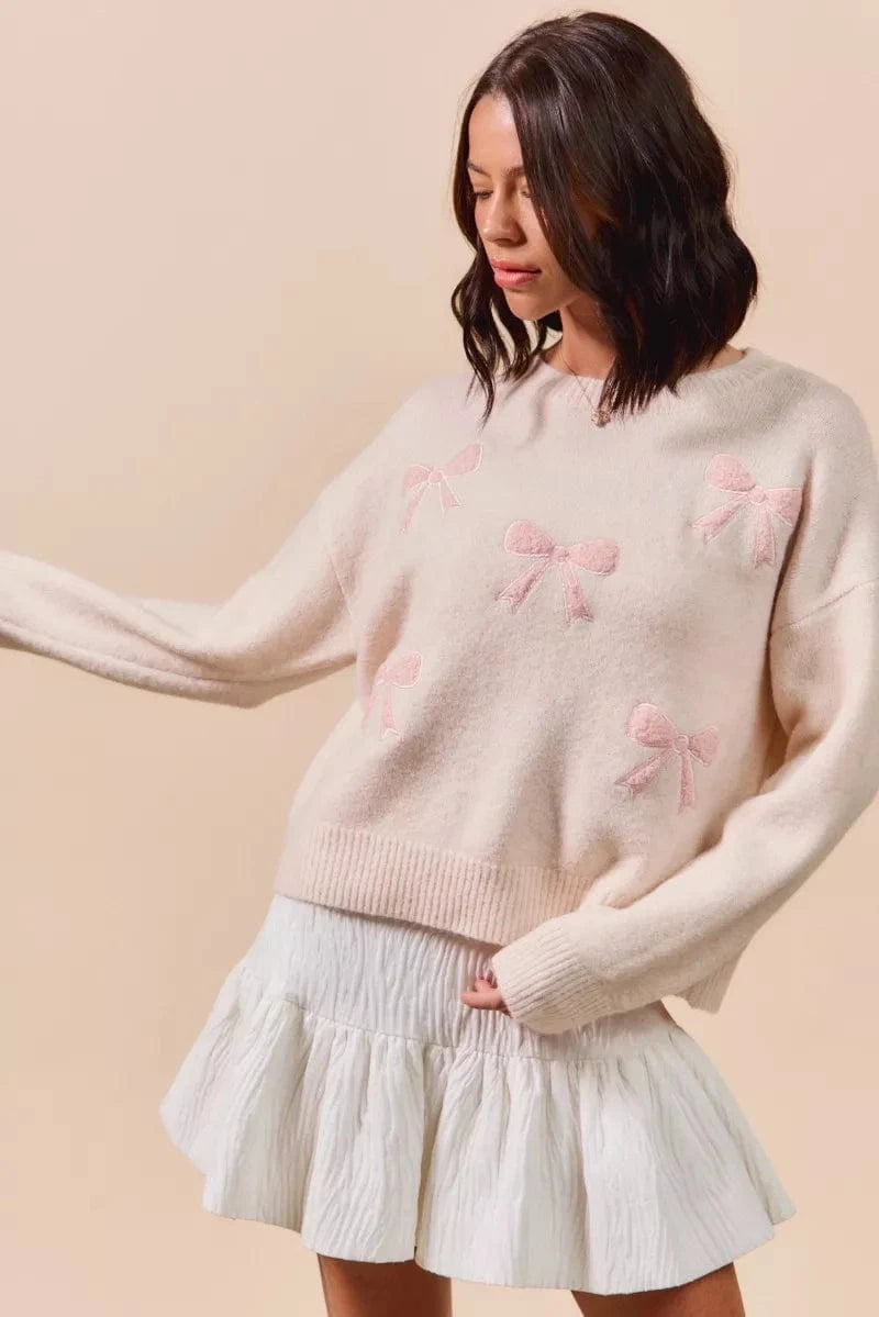 SO ME Knit Tops SO ME Embroidered Ribbon Round Neck Sweater