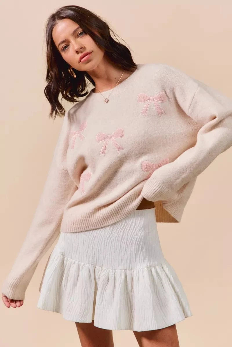 SO ME Knit Tops SO ME Embroidered Ribbon Round Neck Sweater