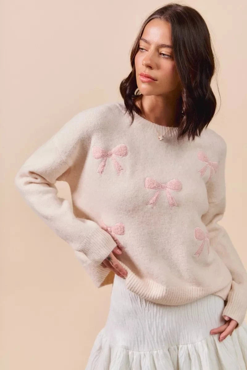 SO ME Knit Tops SO ME Embroidered Ribbon Round Neck Sweater
