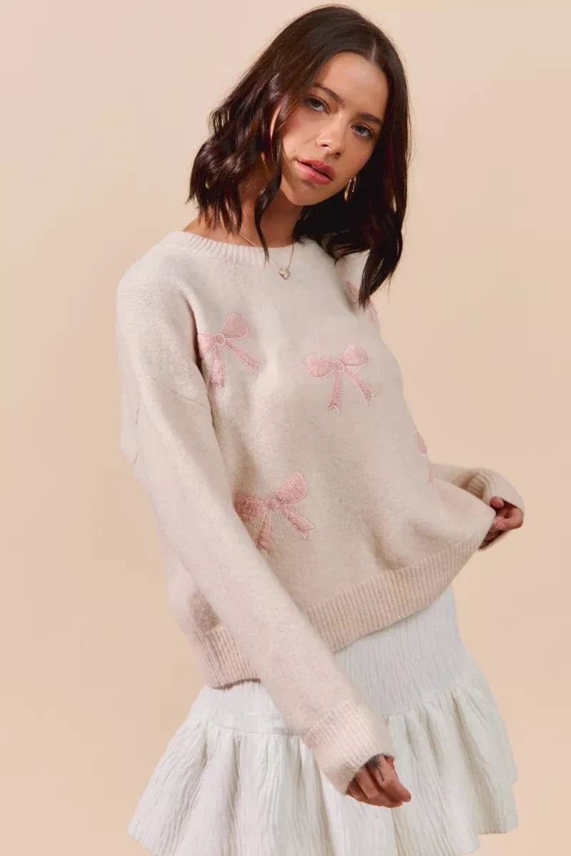 SO ME Knit Tops SO ME Embroidered Ribbon Round Neck Sweater