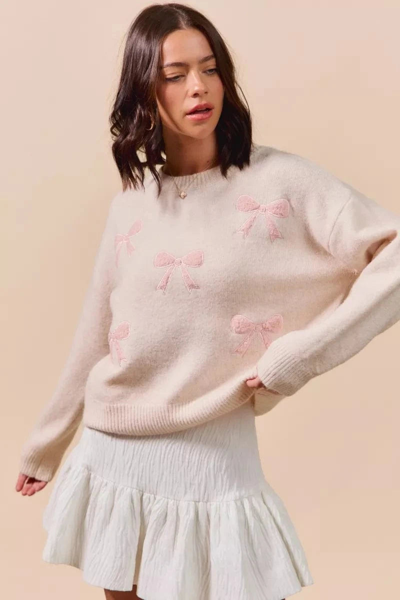 SO ME Knit Tops SO ME Embroidered Ribbon Round Neck Sweater