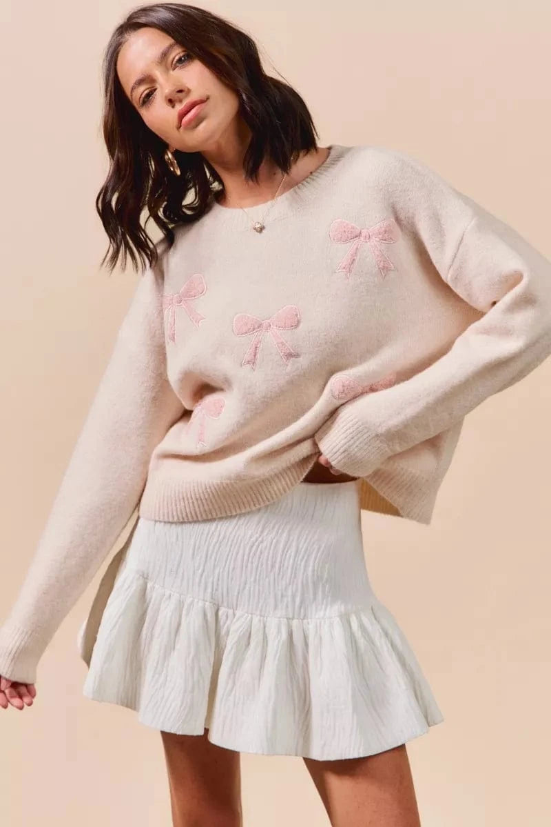SO ME Knit Tops SO ME Embroidered Ribbon Round Neck Sweater