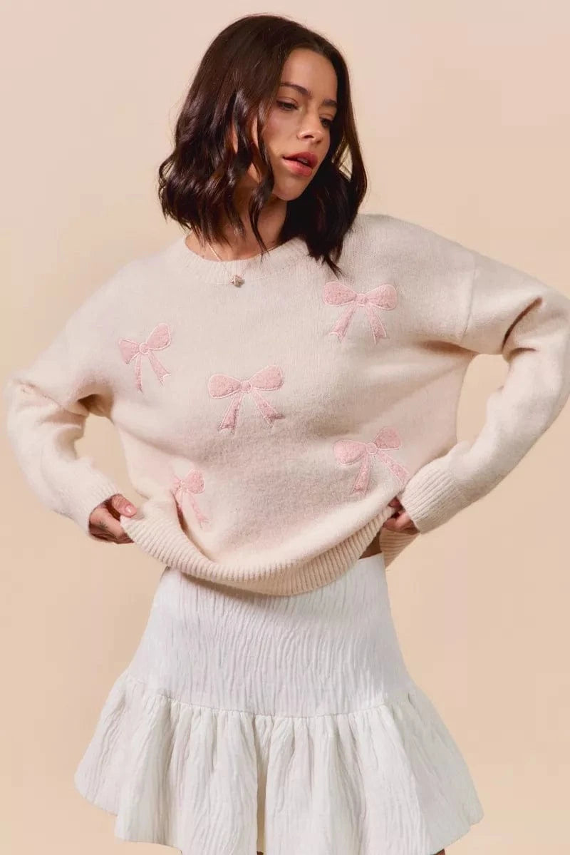 SO ME Knit Tops SO ME Embroidered Ribbon Round Neck Sweater