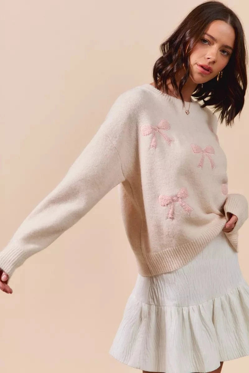 SO ME Knit Tops SO ME Embroidered Ribbon Round Neck Sweater