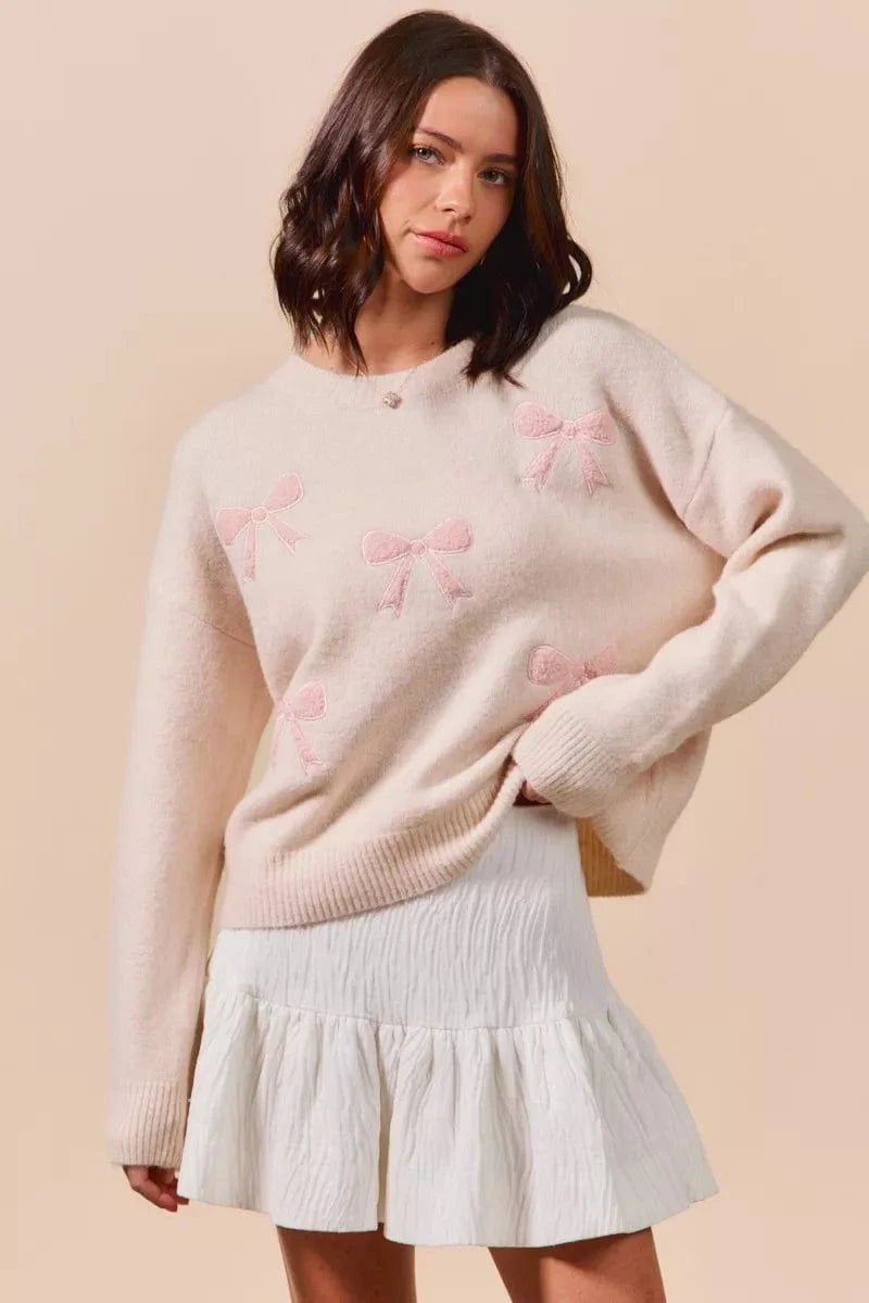 SO ME Knit Tops SO ME Embroidered Ribbon Round Neck Sweater