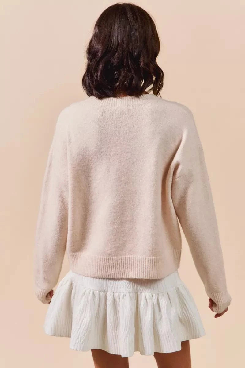 SO ME Knit Tops SO ME Embroidered Ribbon Round Neck Sweater